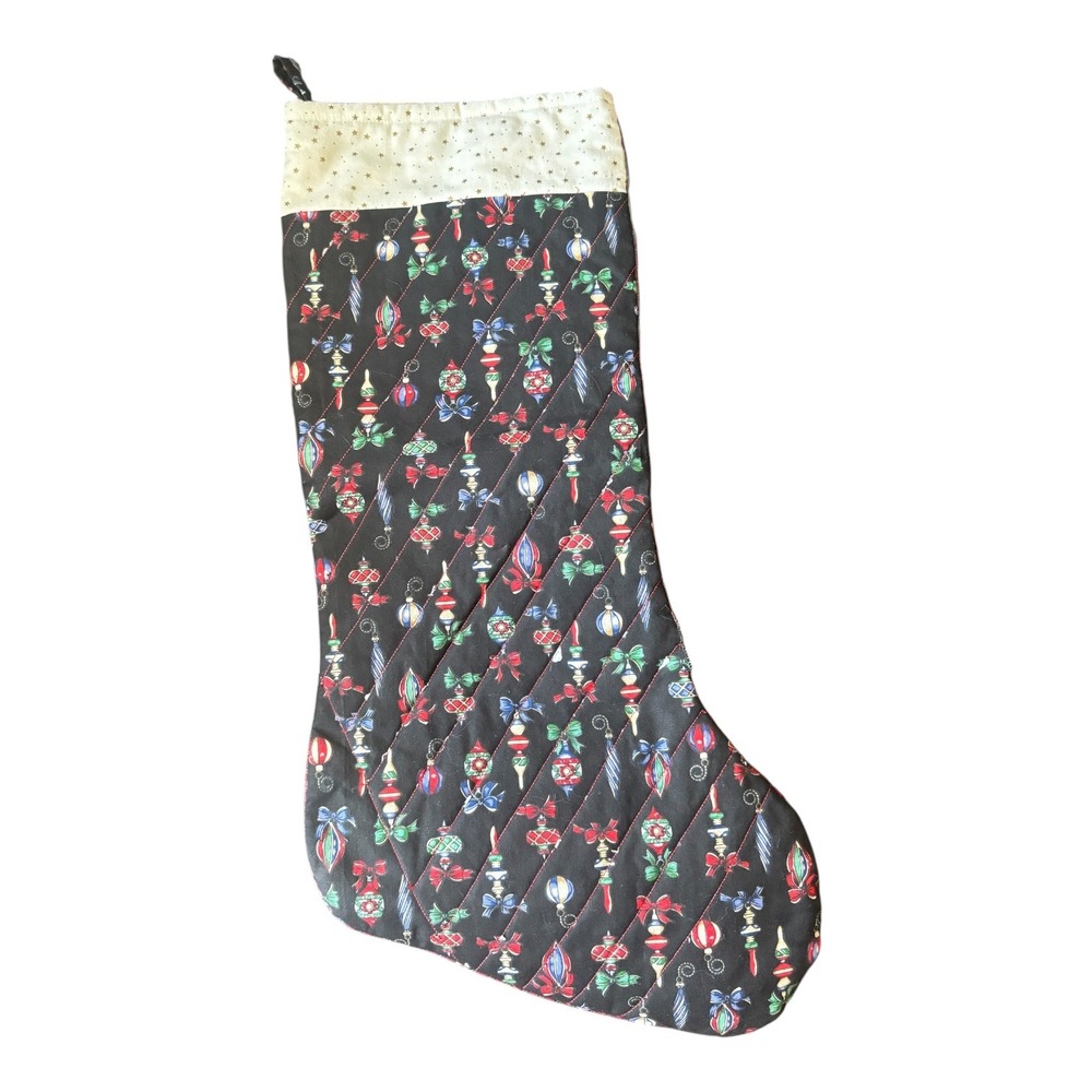 Handmade Quilted Christmas Stocking Vintage Ornament Print Black Red 19"